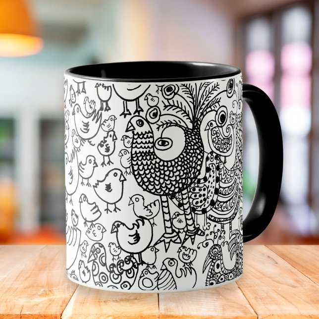 Fåglar, svart och vit Hand plockade, modern konst Mugg (Skapare uppladdad)