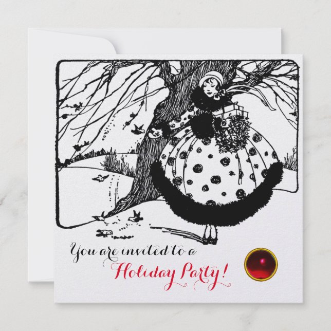 FÅGLAR TRÄD OCH Svart, svart, vitt rött, CHRISTMAS Inbjudningar (Framsida)