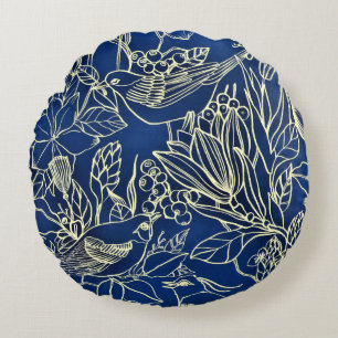 Fåglar Vår Blommigt Blommar Blue Glitter Rund Kudde