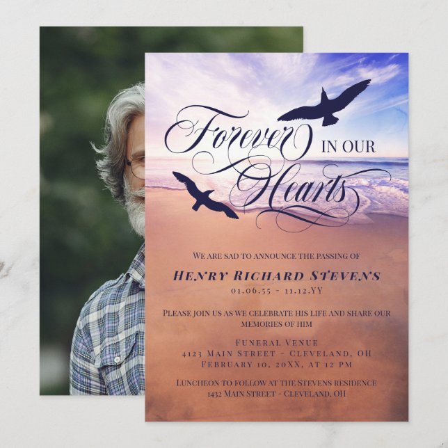 Fåglar vid havsviken i våra hjärtan inbjudningar (Fram/baksida)