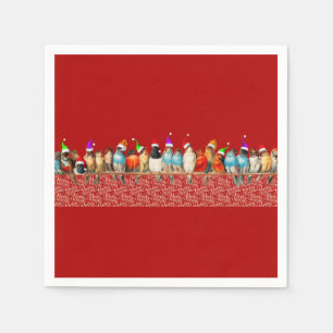 Fåglar vid Santa Hats Sitta på Perch Pappersservett