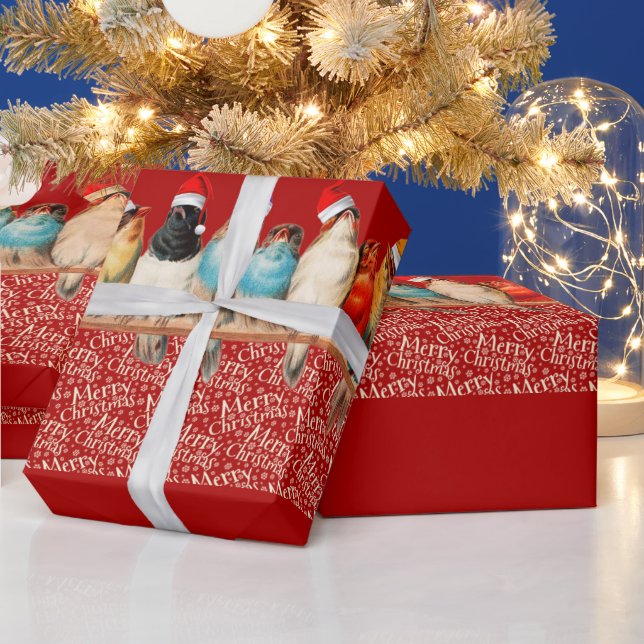 Fåglar vid Santa Hats Sitta på Perch Presentpapper (Helgdagar)