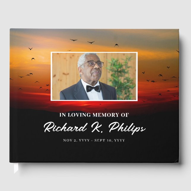 Fåglar vid soluppgång och foto som firar livet gästböcker (Framsida)