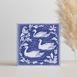 Fåglar Vintage Blå och Vita Art Nouveau Svanar Kakelplatta