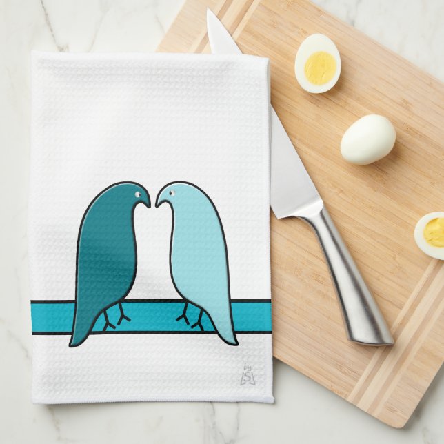 Fåglarna i Aqua och Teal on White Kökshandduk (Vikt i Fjärdedel)