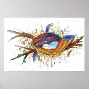 Fåglarna Nest Eggs Feathers Träd Watercolor Poster