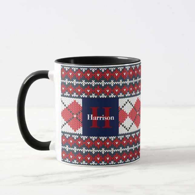 Fair Isle Argyle Blue och Red Monogrammed Mugg (Vänster)