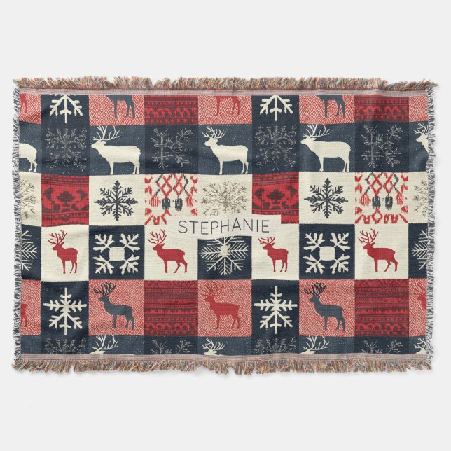 Fair Isle Knsigned Patchwork | Helgdag Reindeer Filt (Framsidan)