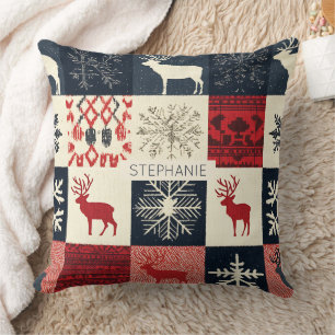 Fair Isle Knsigned Patchwork Helgdag Reindeer Kudde
