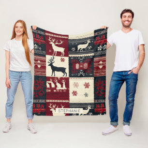 Fair Isle Knsigned Patchwork Rustic Reindeer Fleecefilt
