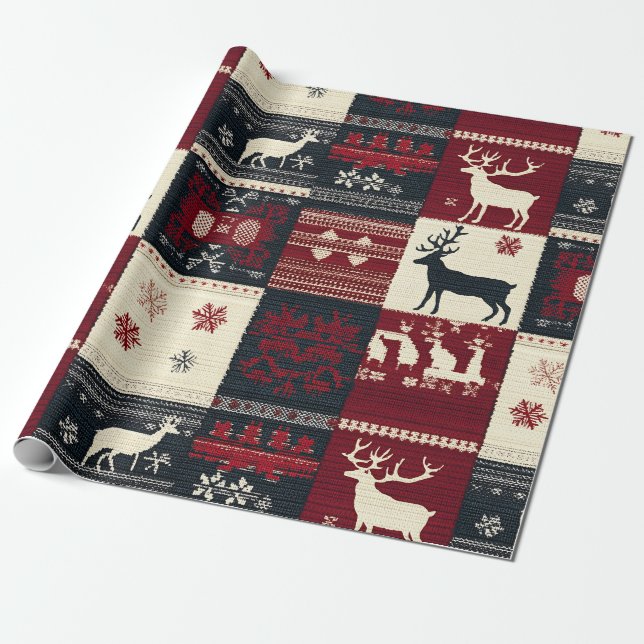 Fair Isle Knsigned Patchwork | Rustic Reindeer Presentpapper (Utrullad)