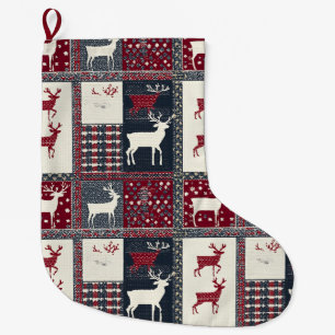 Fair Isle Knsigned Patchwork Rustiska renar (2) Stor Julstrumpa