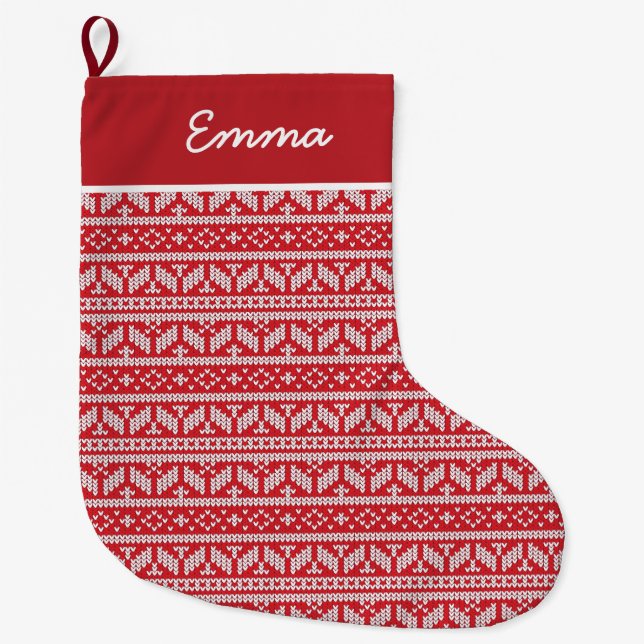 Fair Isle Red jul Namn Monogram Stor Julstrumpa (Framsidan)