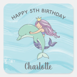 Fair Skin Lila Sjöjungfru med Dolphin Birthday Fyrkantigt Klistermärke