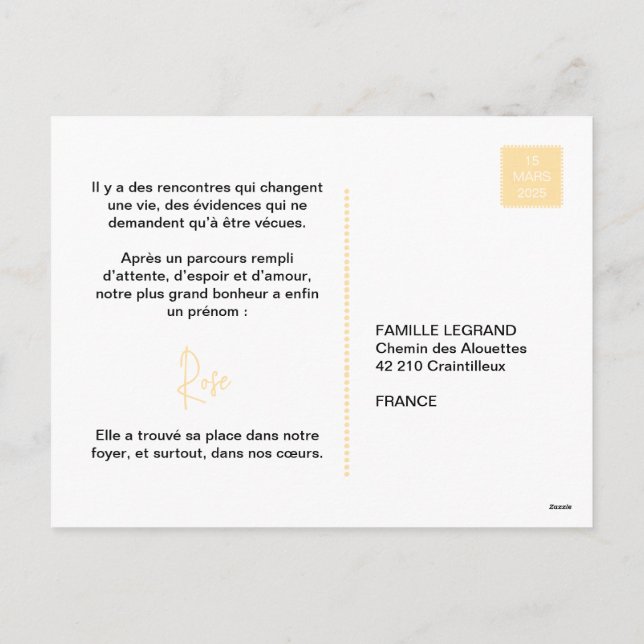 Faire-Part d'adoption "Rose" Helg Vykort (Baksida)