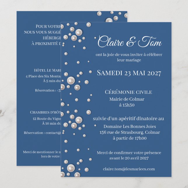Faire-part de mariage élégant bleu marine  inbjudningar (Fram/baksida)