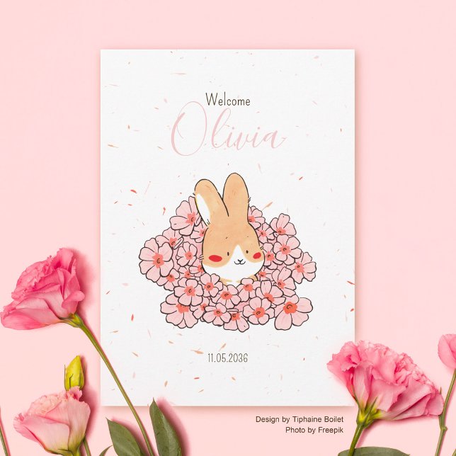Faire-part naissance lapin fleur meddelande (Faire-part naissance lapin fleur rose fille)