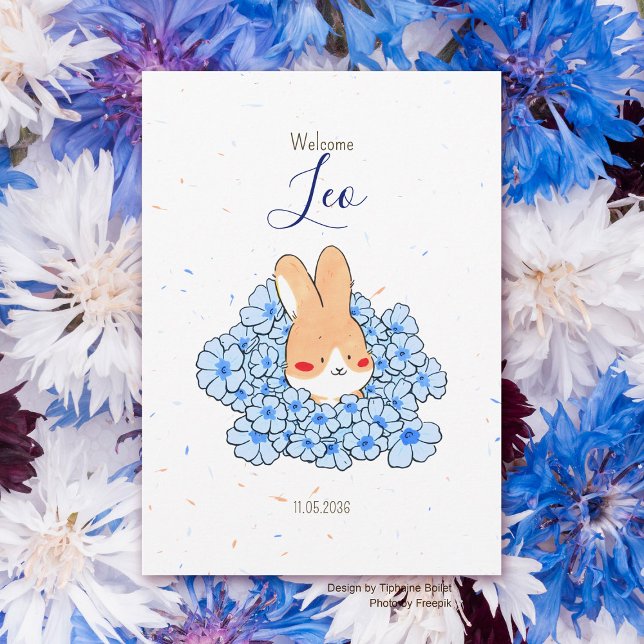 Faire-part naissance lapin fleur meddelande (Faire-part naissance lapin fleur bleu garçon)