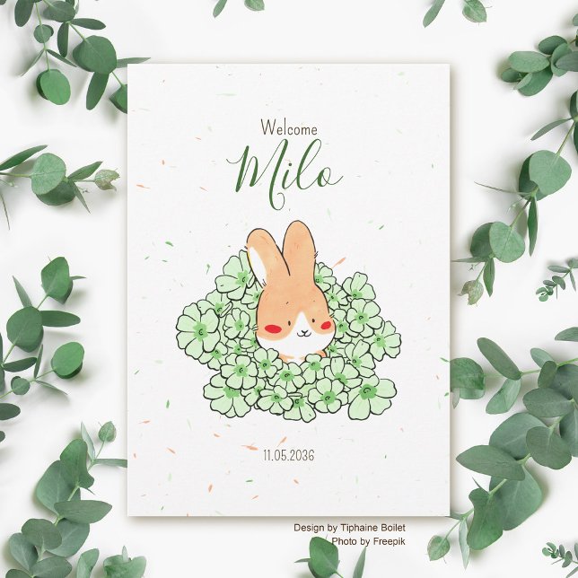 Faire-part naissance lapin fleur meddelande (Faire-part naissance lapin feuilles)