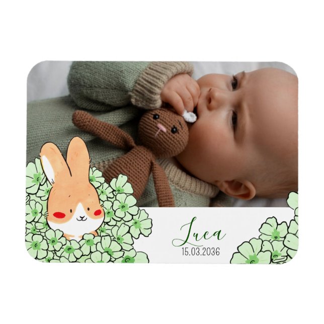 Faire-part naissance magnet Lapin et fleurs (Horisontell)