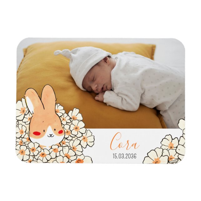 Faire-part naissance magnet Lapin et fleurs (Horisontell)