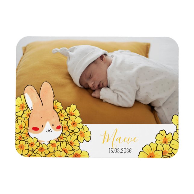 Faire-part naissance magnet Lapin et fleurs (Horisontell)
