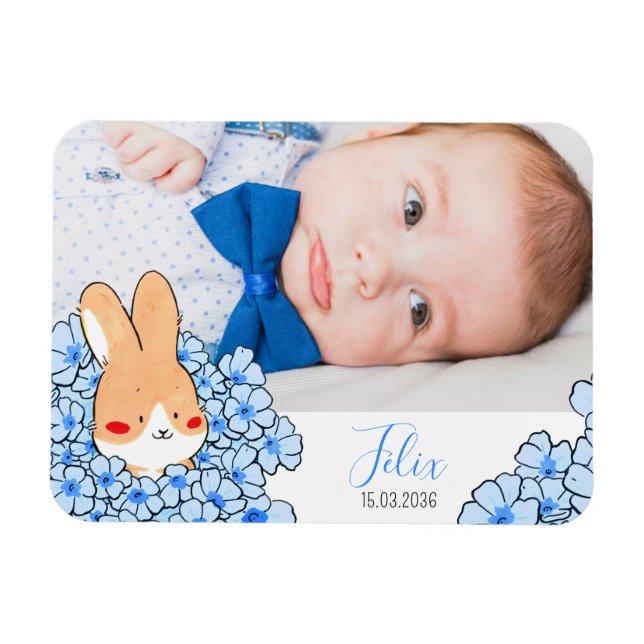 Faire-part naissance magnet Lapin et fleurs (Horisontell)