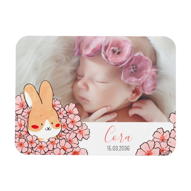 Faire-part naissance magnet Lapin et fleurs (Horisontell)