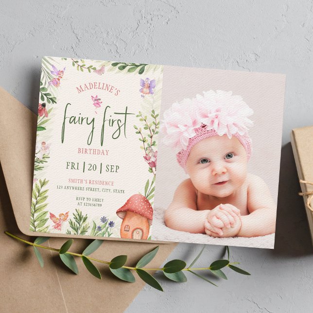 Fairy 1st Birthday Forest Mushroom Greenery Photo Inbjudningar (Skapare uppladdad)