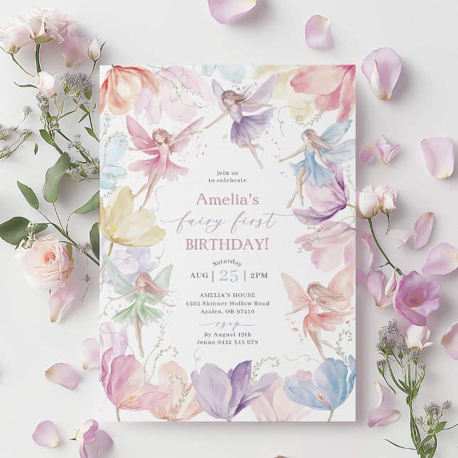 Fairy 1st Birthday Rainbow Fairy Girls Inbjudningar (Rainbow Fairy First Birthday Invitation | Girl's 1st birthday fairy invitation | Rainbow flowers)