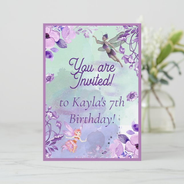 Fairy 7:e Birthday Watercolor Lila Inbjudningar (Stående Fram)