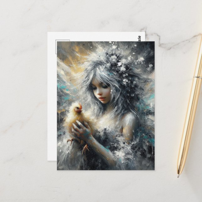 Fairy and her Little Buff Chick Vykort (Fram/Back In Situ)