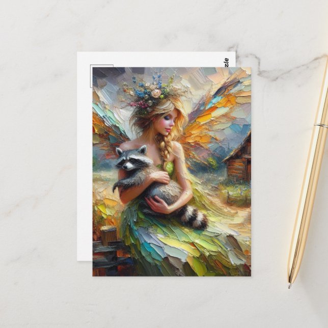 Fairy and her Pet Raccoon Vykort (Fram/Back In Situ)