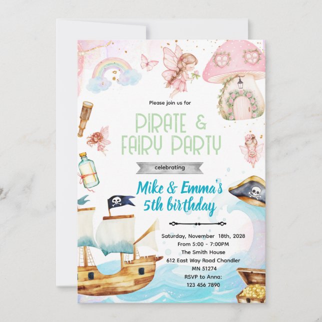 Fairy and Pirate birthday party invitation Inbjudningar (Framsida)