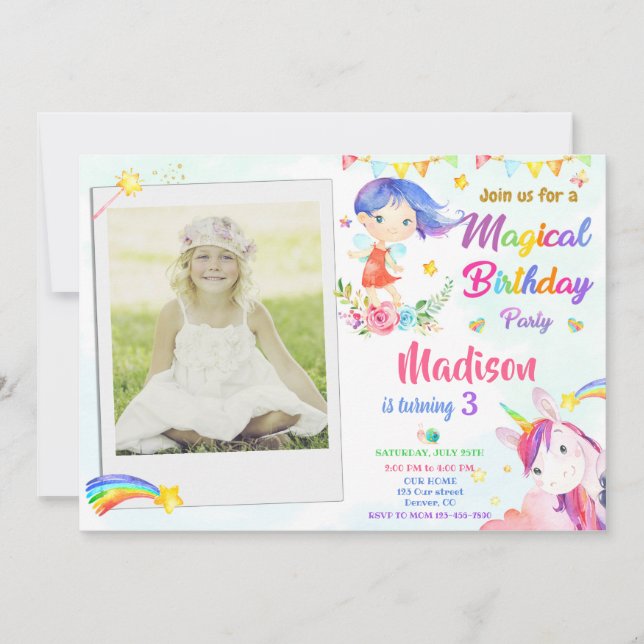 Fairy and Unicorn-födelsedagsinbjudan med foto Inbjudningar (Framsida)