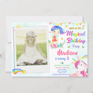 Fairy and Unicorn-födelsedagsinbjudan med foto Inbjudningar