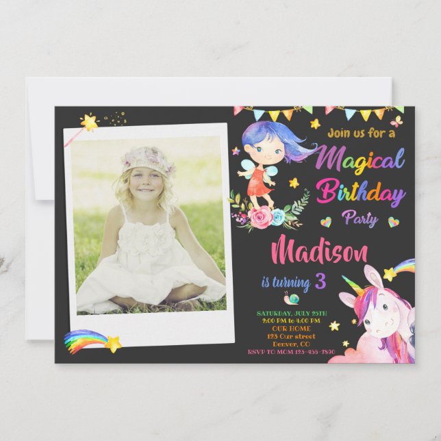 Fairy and Unicorn-födelsedagsinbjudan med foto Inbjudningar (Framsida)