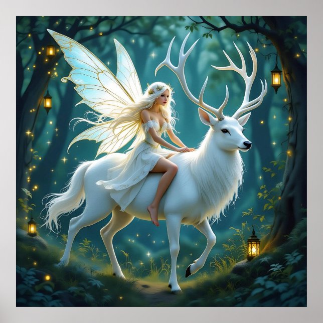 Fairy and White Deer Magical Forest Poster (Framsidan)