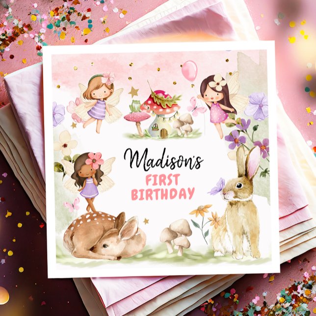 Fairy Birthday 1 Enchanted Forest Girl Blommigt Pappersservett (Skapare uppladdad)