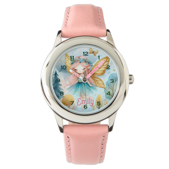 Fairy Birthday Teal Guld Rosa Princess Fairytale Armbandsur (Framsida)