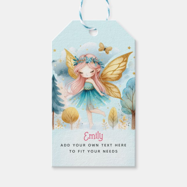 Fairy Birthday Teal Guld Rosa Princess Fairytale Presentetikett (Framsidan)