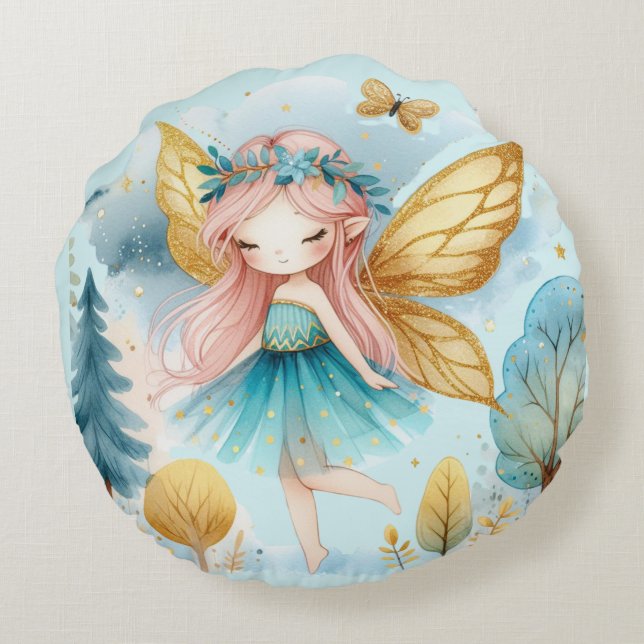 Fairy Birthday Teal Guld Rosa Princess Fairytale Rund Kudde (Baksidan)