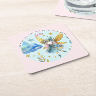 Fairy Birthday Teal Guld Rosa Princess Fairytale Underlägg Papper Kvadrat