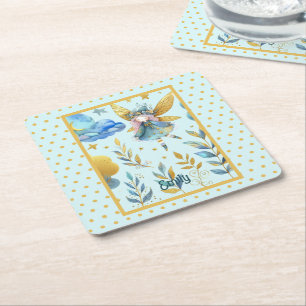 Fairy Birthday Teal Guld Rosa Princess Fairytale Underlägg Papper Kvadrat