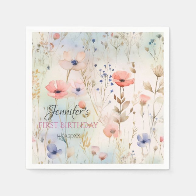 Fairy Blommigt Birthday Napkins Pappersservett (Framsidan)