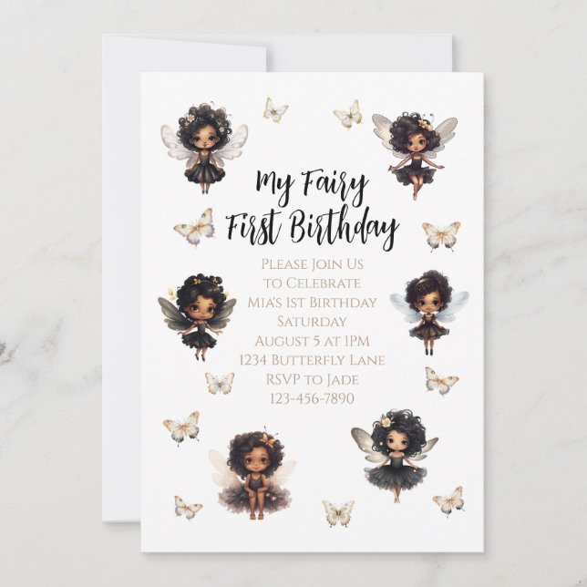 Fairy Butterfly Birthday bjudande Afro Fairy Inbjudningar (Framsida)
