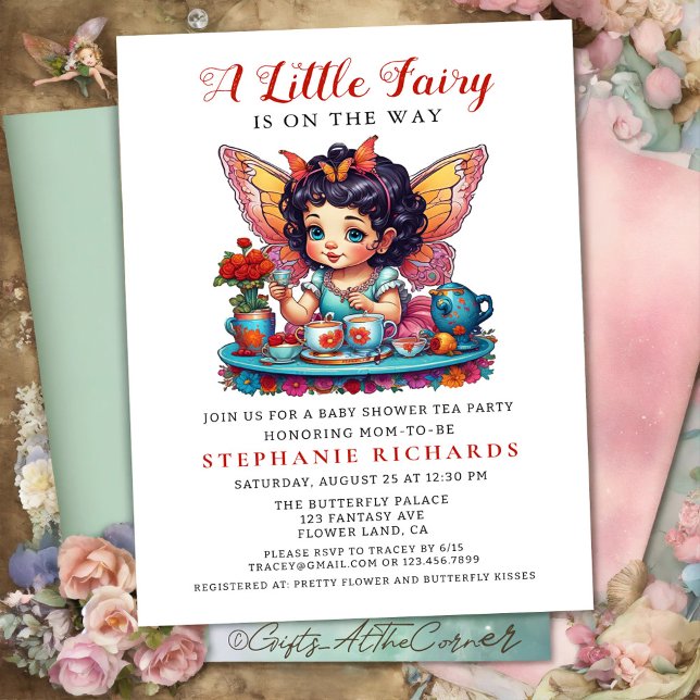 Fairy Butterfly Tea Röd ros Baby Shower-citat Inbjudningar (Skapare uppladdad)