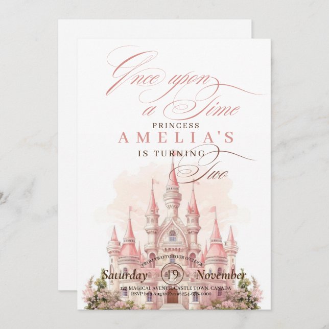 Fairy Castle Princess Rosa Girl Födelsedagsfest Gi Inbjudningar (Fram/baksida)