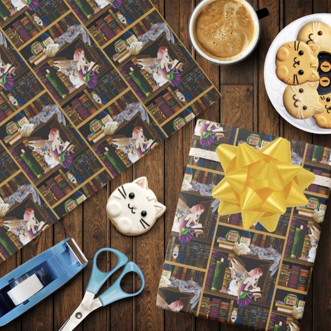 Fairy Cats Bokar Bibliotek Fantasy Presentpapper (Skapare uppladdad)