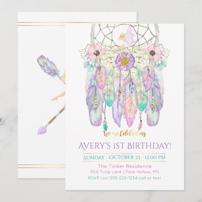 Fairy Dream Catcher Boho Feathers-pilar Inbjudningar (Fram/baksida)